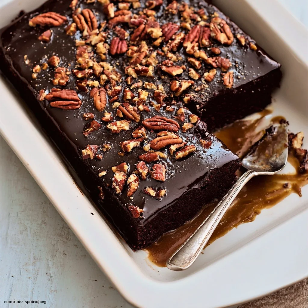 Small batch chocolate sheet cake with pecan fudge glaze on a decorative plate.