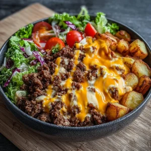 Delicious Smash Burger Bowl featuring juicy beef, fresh vegetables, and savory toppings