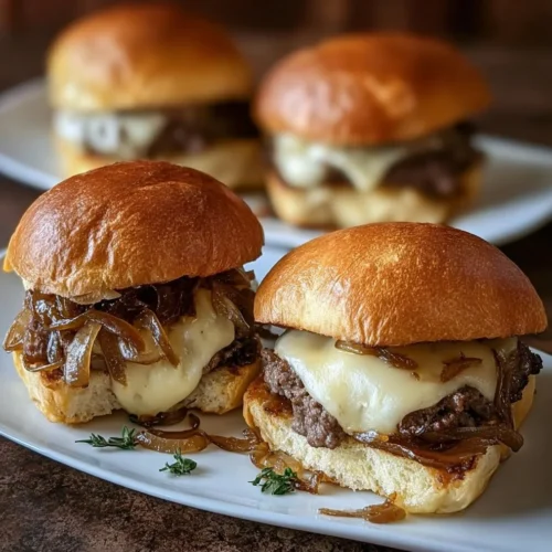 Smash Burger Sliders with Brie & Caramelized Onions Smash burger sliders topped with brie cheese and caramelized onions on a wooden platter.