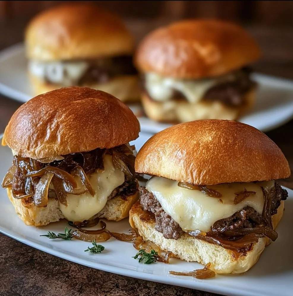 Smash burger sliders topped with brie cheese and caramelized onions on a wooden platter.