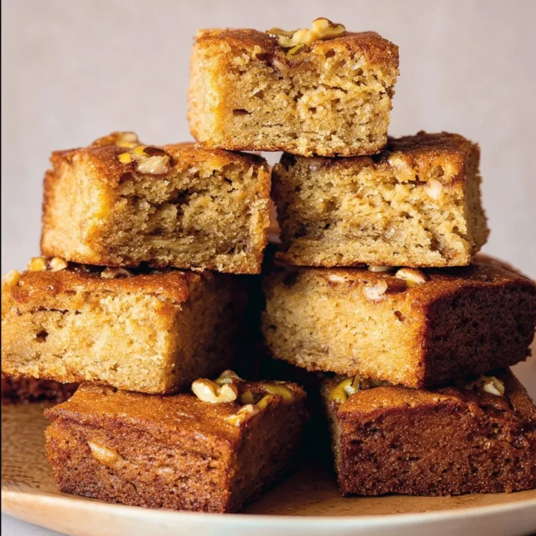 Delicious soft banana walnut blondies on a white plate
