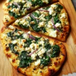 Delicious Spinach Feta Pizza on a rustic wooden table
