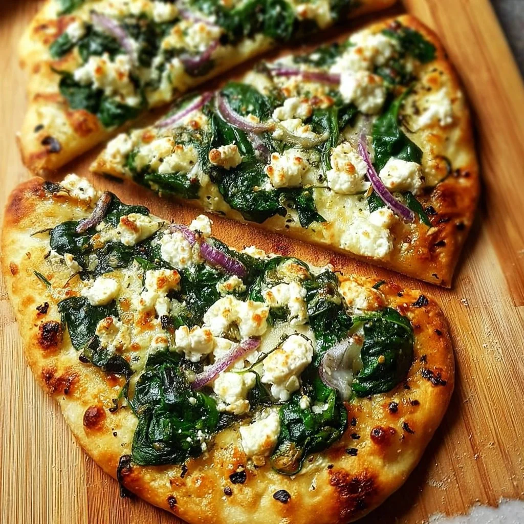 Delicious Spinach Feta Pizza on a rustic wooden table