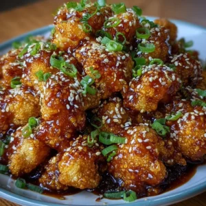Delicious Sticky Honey Garlic Cauliflower dish garnished and ready to serve