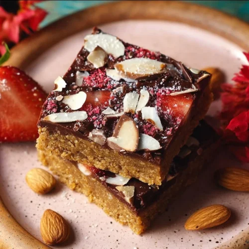 Strawberry Chocolate Almond Butter Bars on a plate, topped with strawberries and almond slices.