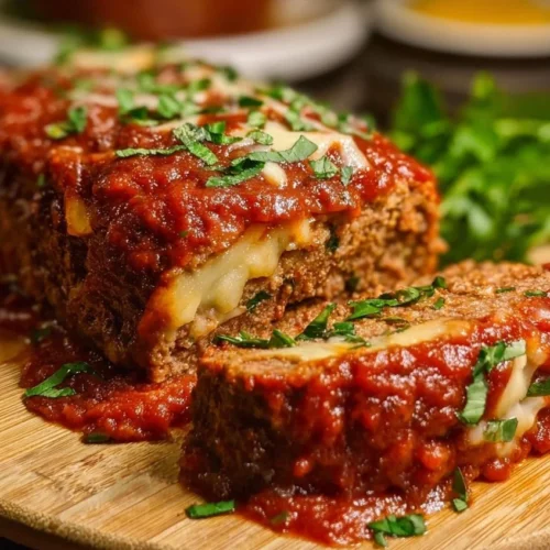 Delicious stuffed Italian meatloaf served with herbs and marinara sauce