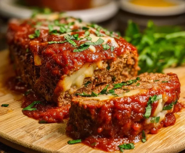 Delicious stuffed Italian meatloaf served with herbs and marinara sauce