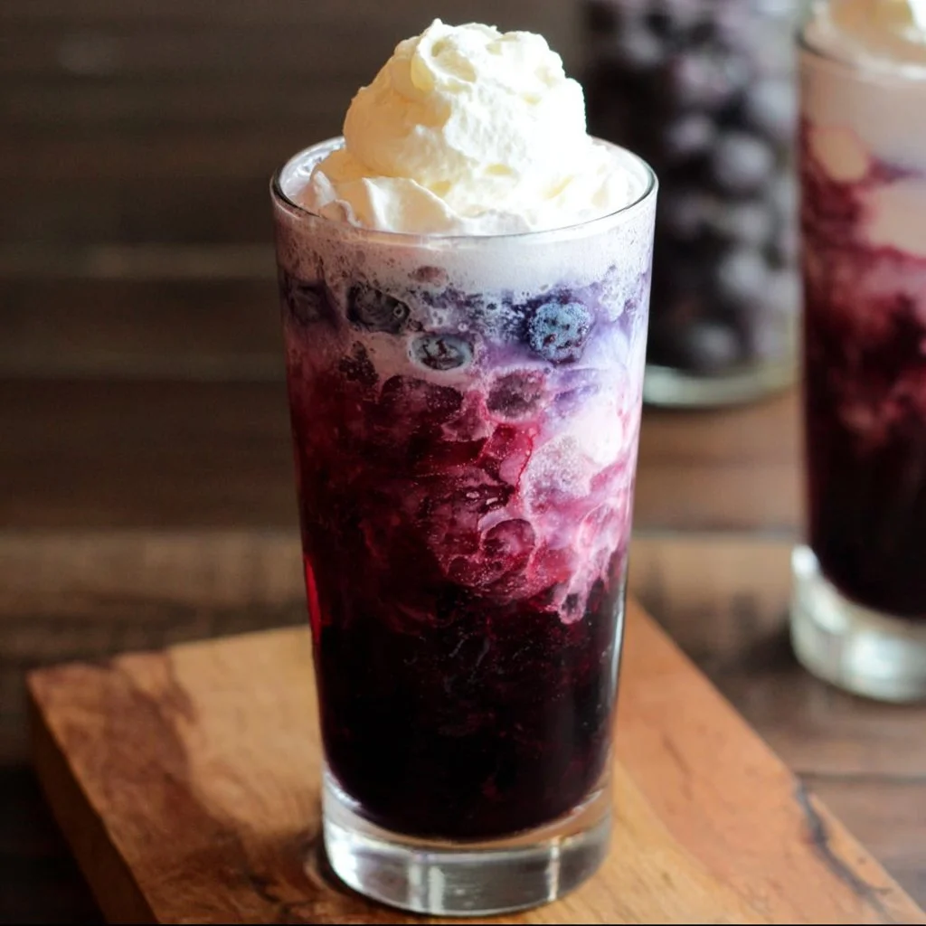 Sugar-Free Blueberry Italian Cream Soda served in a glass with ice and blueberries