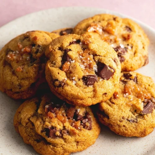 Sweet and salty crunch cookies topped with chocolate chips and nuts