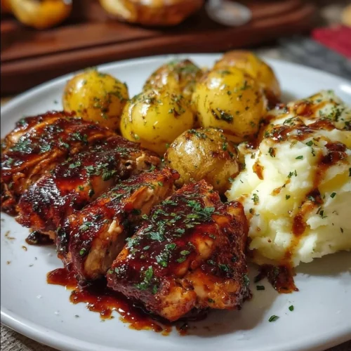 Sweet & Savory BBQ Chicken with Creamy Garlic Potatoes Delicious sweet and savory BBQ chicken with creamy garlic potatoes on a plate