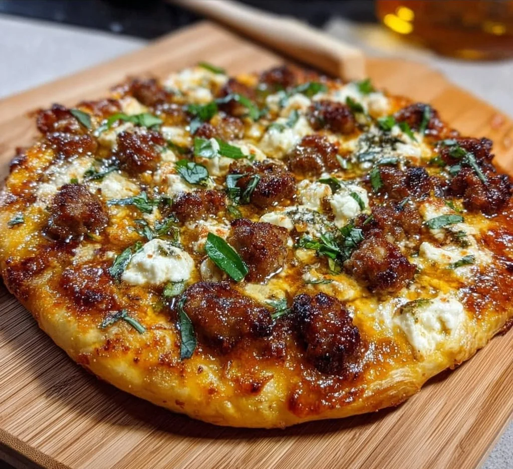 Sweet and spicy sausage ricotta honey pizza topped with fresh ingredients