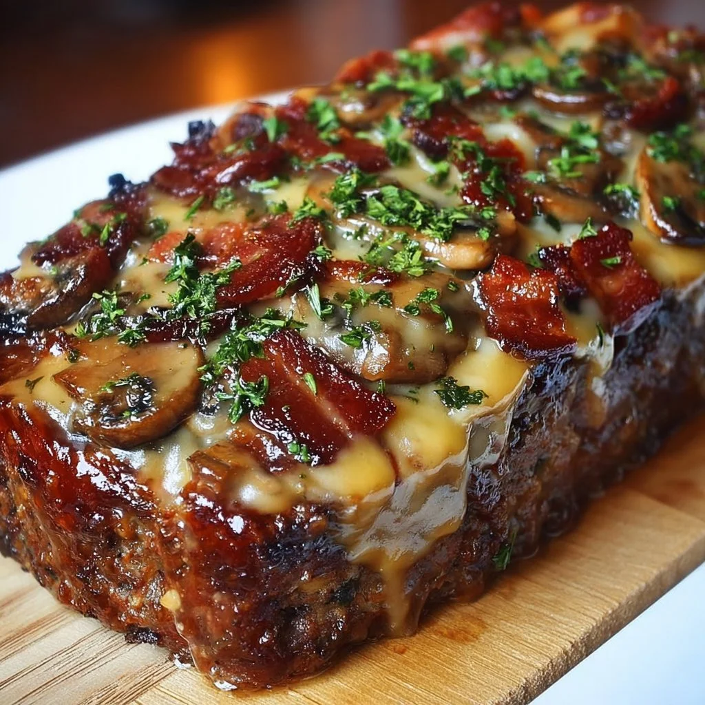 Deliciously prepared Swiss bacon mushroom meatloaf ready to serve.