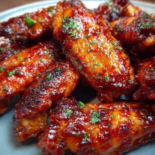 Crispy oven-baked honey BBQ chicken wings garnished with herbs