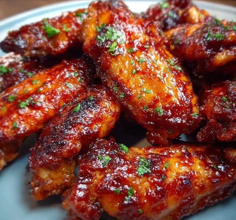 Crispy oven-baked honey BBQ chicken wings garnished with herbs