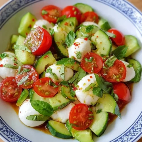 A vibrant Cucumber Mozzarella Salad with fresh ingredients and herbs.