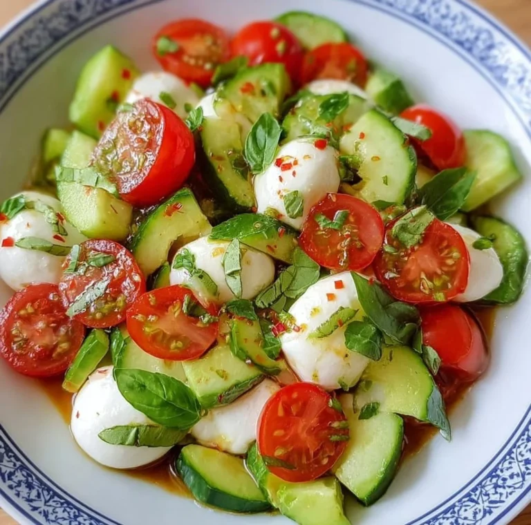 A vibrant Cucumber Mozzarella Salad with fresh ingredients and herbs.