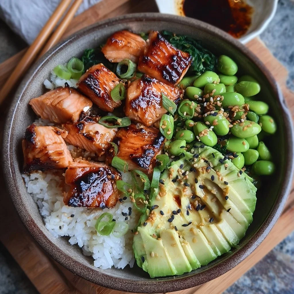 Delicious teriyaki salmon sushi bowl with fresh vegetables and rice