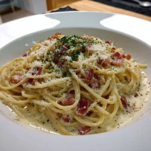 Creamy spaghetti carbonara served with a sprinkle of parmesan cheese.