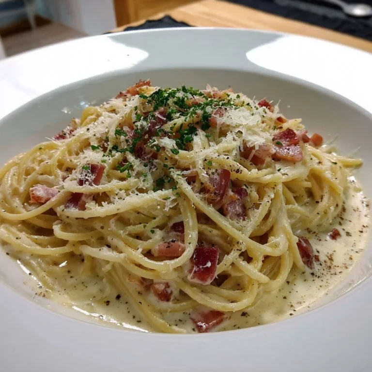 Creamy spaghetti carbonara served with a sprinkle of parmesan cheese.