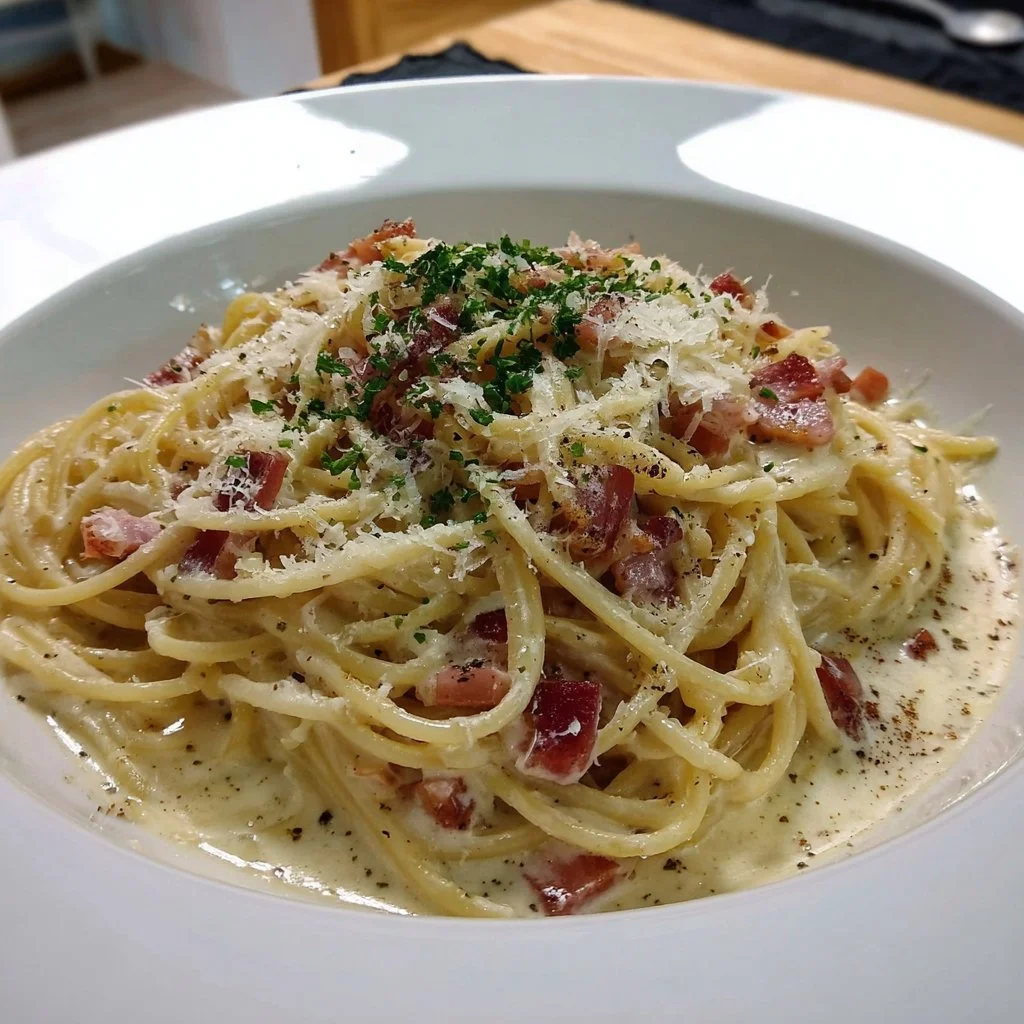 Creamy spaghetti carbonara served with a sprinkle of parmesan cheese.