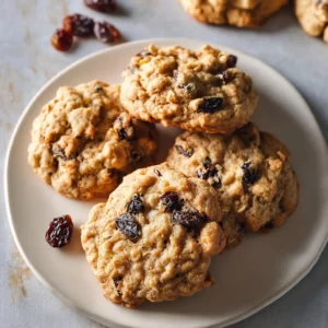 A stack of thick and chewy oatmeal raisin cookies on a wooden table.