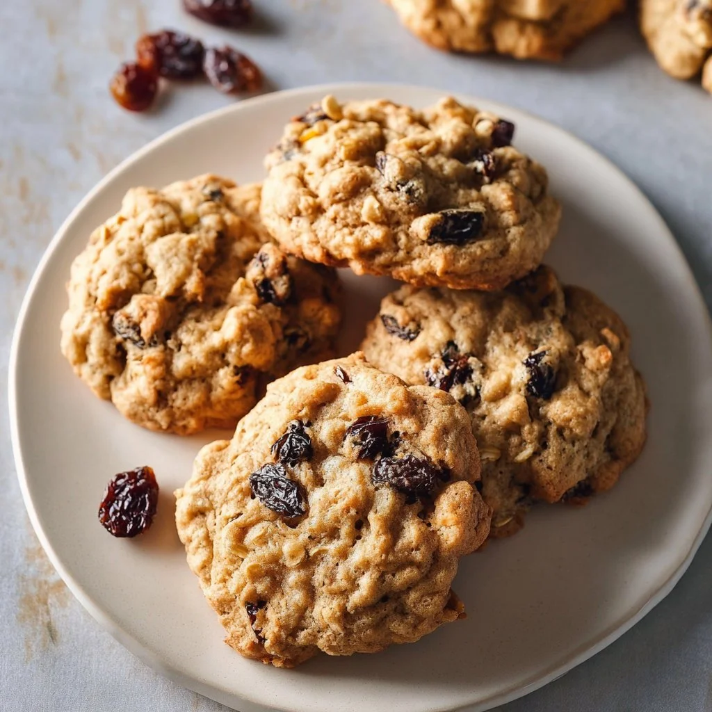 A stack of thick and chewy oatmeal raisin cookies on a wooden table.
