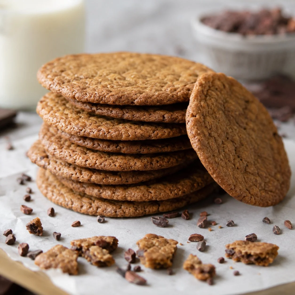 Thin and crispy chocolate cacao nib cookies on a cooling rack