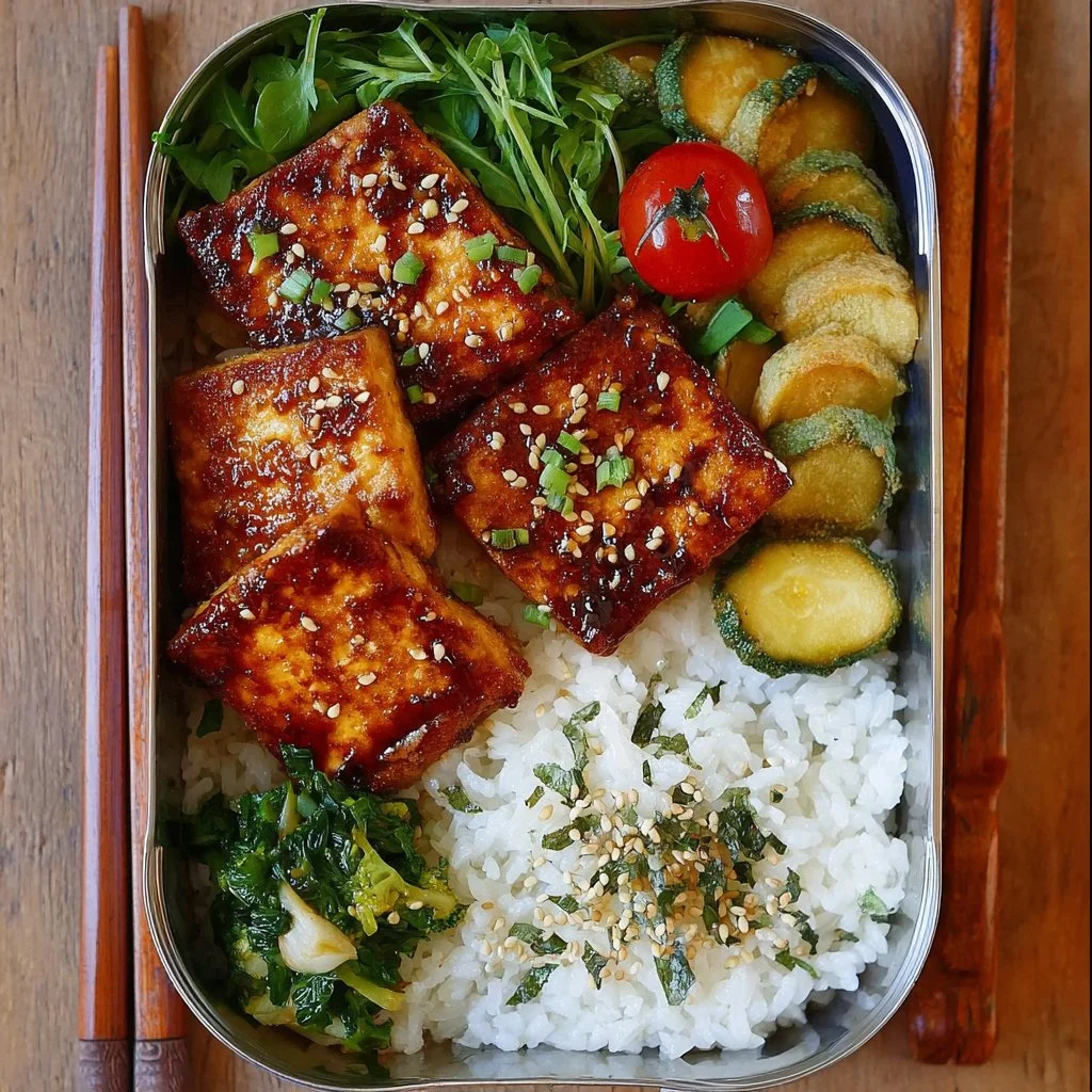 Home Delicious Tofu Teriyaki Bento Box ready for a quick vegan lunch
