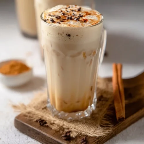A cup of Vanilla Cinnamon Milk Tea with a sprinkle of cinnamon on top.