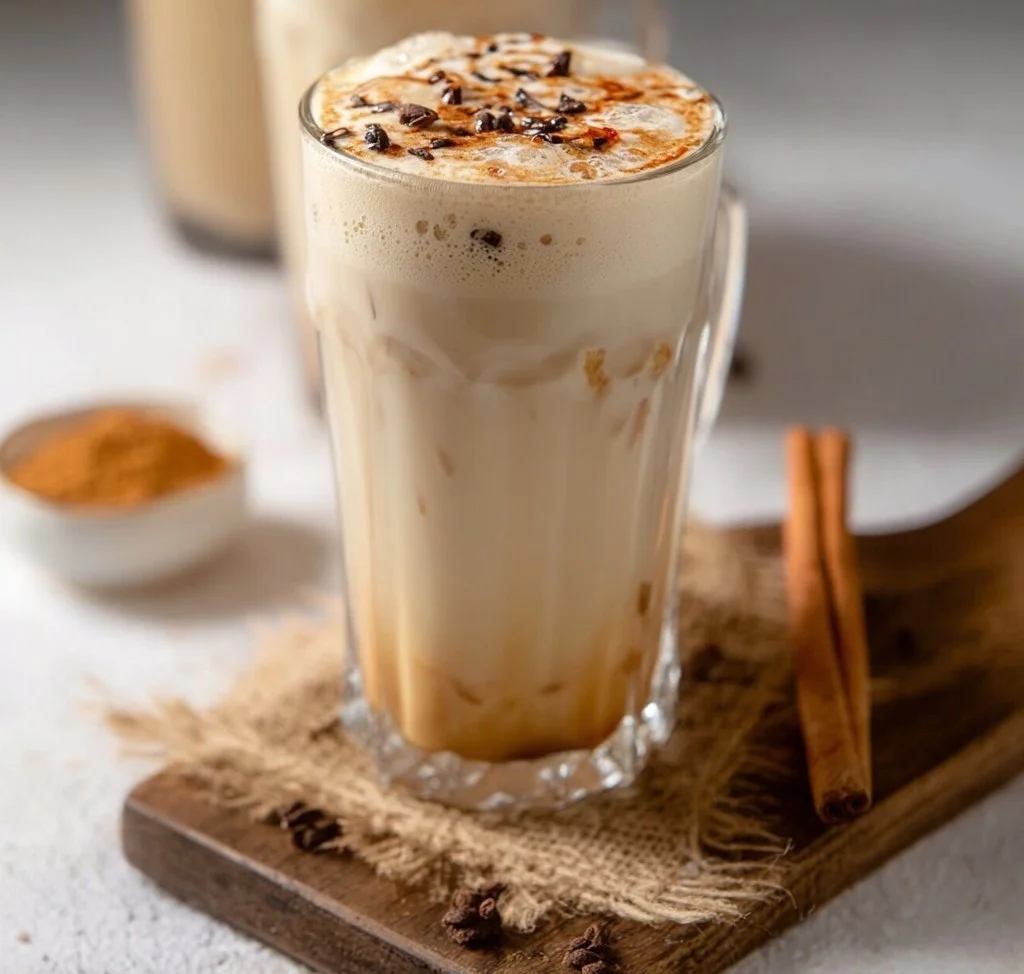 A cup of Vanilla Cinnamon Milk Tea with a sprinkle of cinnamon on top.
