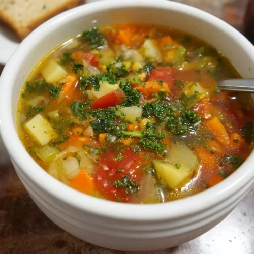 Bowl of homemade vegetable soup with colorful vegetables and herbs