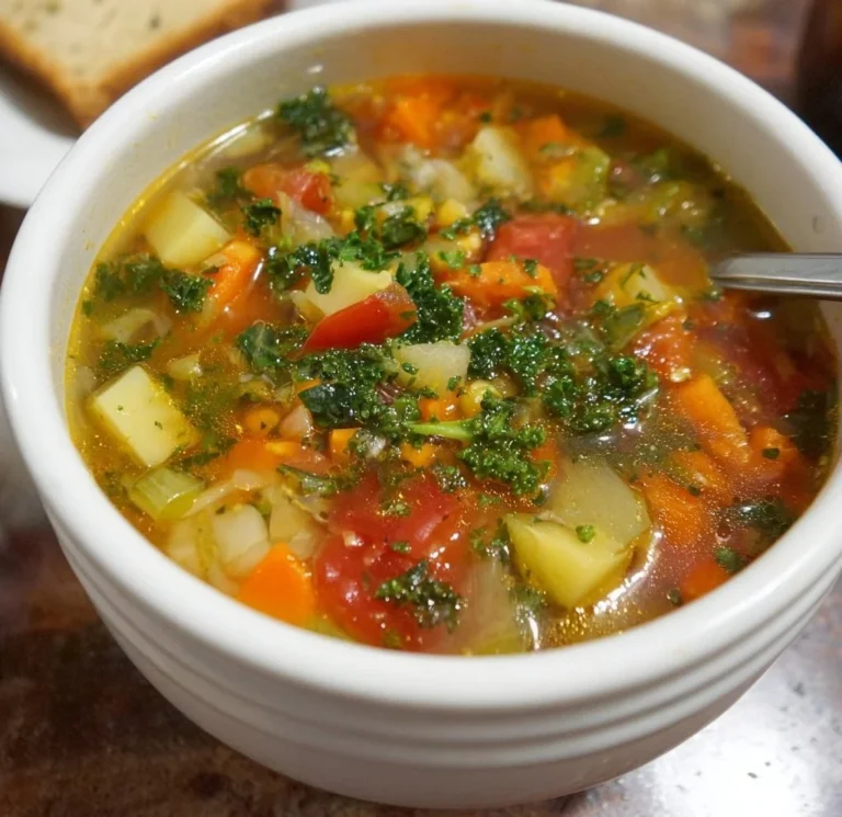 Bowl of homemade vegetable soup with colorful vegetables and herbs