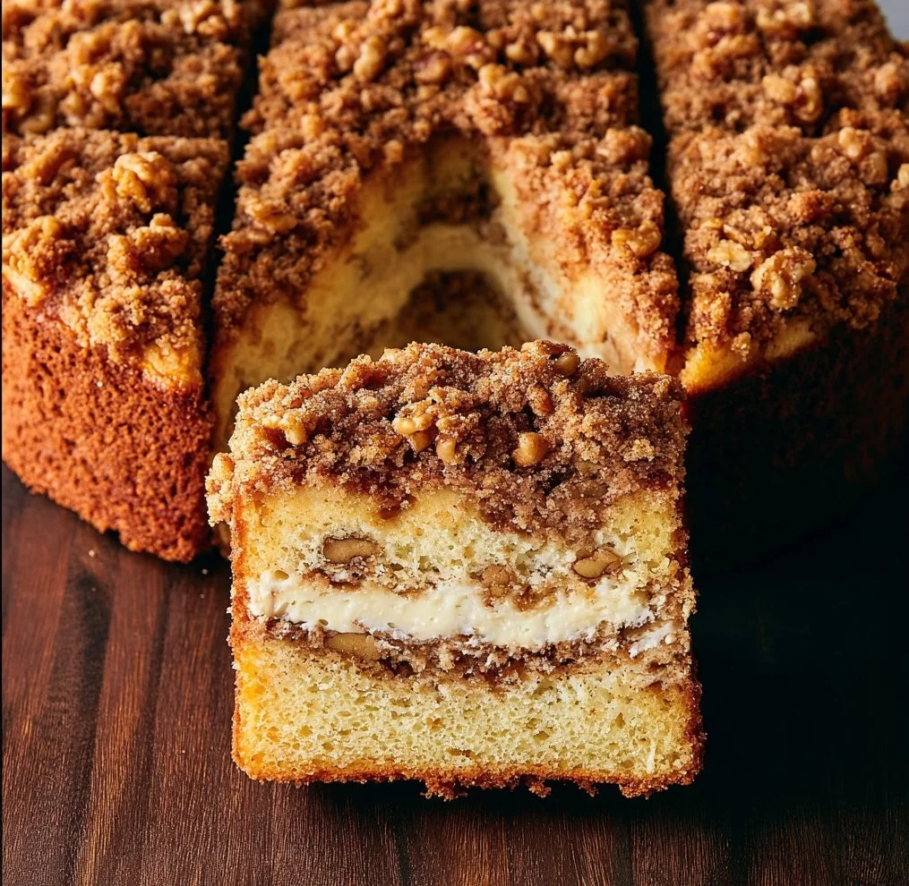 Delicious Walnut Cream Cheese Coffee Cake with Cinnamon Walnut Crumble on top.