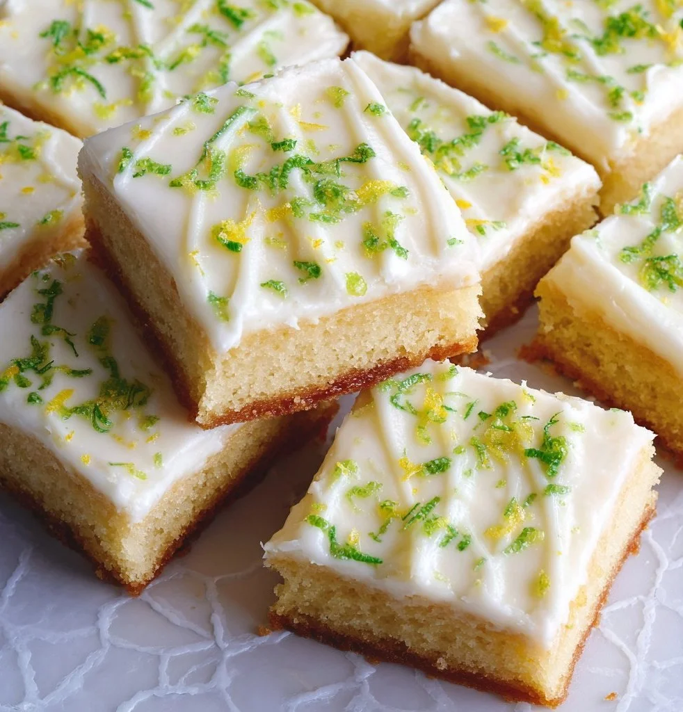 Zesty lemon-lime sugar cookie bars with creamy frosting on a plate